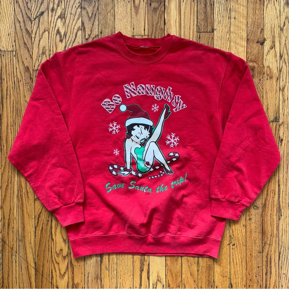 Vintage Betty Boop Christmas Be Naughty Save Santa A Trip! Crewneck